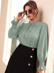 Modelyn Burgundy Red Women's Casual Solid Color Ruffled Sleeve Blouse, Spring And Autumn - Mint Green - View 3