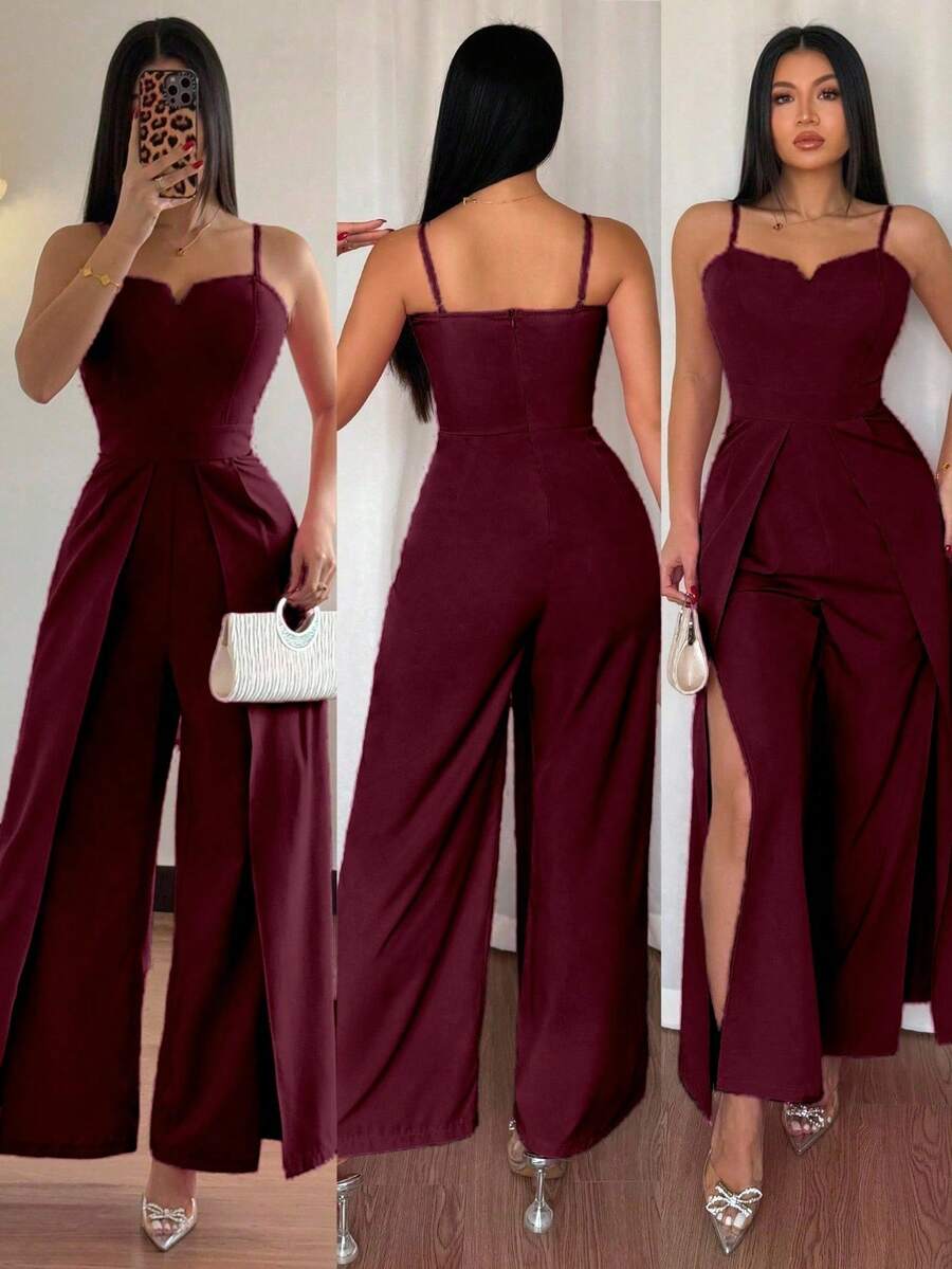 Breezaya 女士时尚休闲百搭吊带V领收腰开衩下摆连体裤 - 中紫紅色 - 查看 1