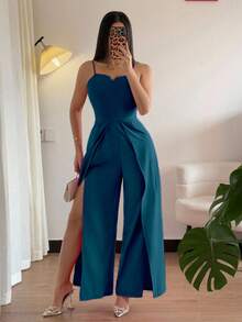 Breezaya 女士时尚日常百搭V领无袖收腰开衩下摆连体裤 - 水鴨藍 - 查看 7