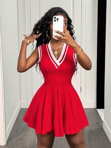 BamGleam Women's Fashion Casual V-Neck Sleeveless Short Dress Red Short Dress Women Red Dress Skater Dress Women Flare Dress Red Mini Dress Vacation Boho Sexy Plain Plaid Striped Casual - Red - View 6