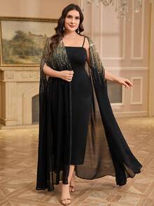 SHEIN Clasi Plus Size Women Shiny Batwing Sleeve Cardigan And Slip Dress Elegant 2 Pieces Set Modest Sets - Black - View 5