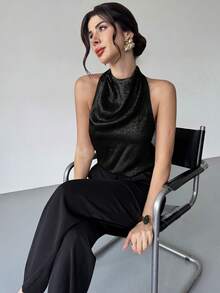Firerie Damen Lässig und elegant Pendler Gold Satin Halter-Rücken Rollkragen Top/Silvester Look/Sexy Top/Glitzerndes Top/Party Top/Old Money Stil Top/Gold Top - Schwarz - Übersicht 4