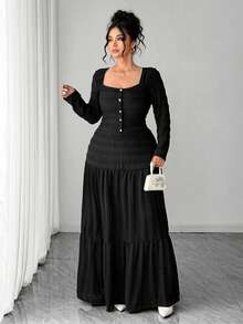 Elenzga Plus Size Women Solid Color Single-Breasted Long Sleeve T-Shirt And Midi Skirt Elegant 2-Piece Set Black Dresses For Women,Autumn Dinner Long Dress - Black - View 3