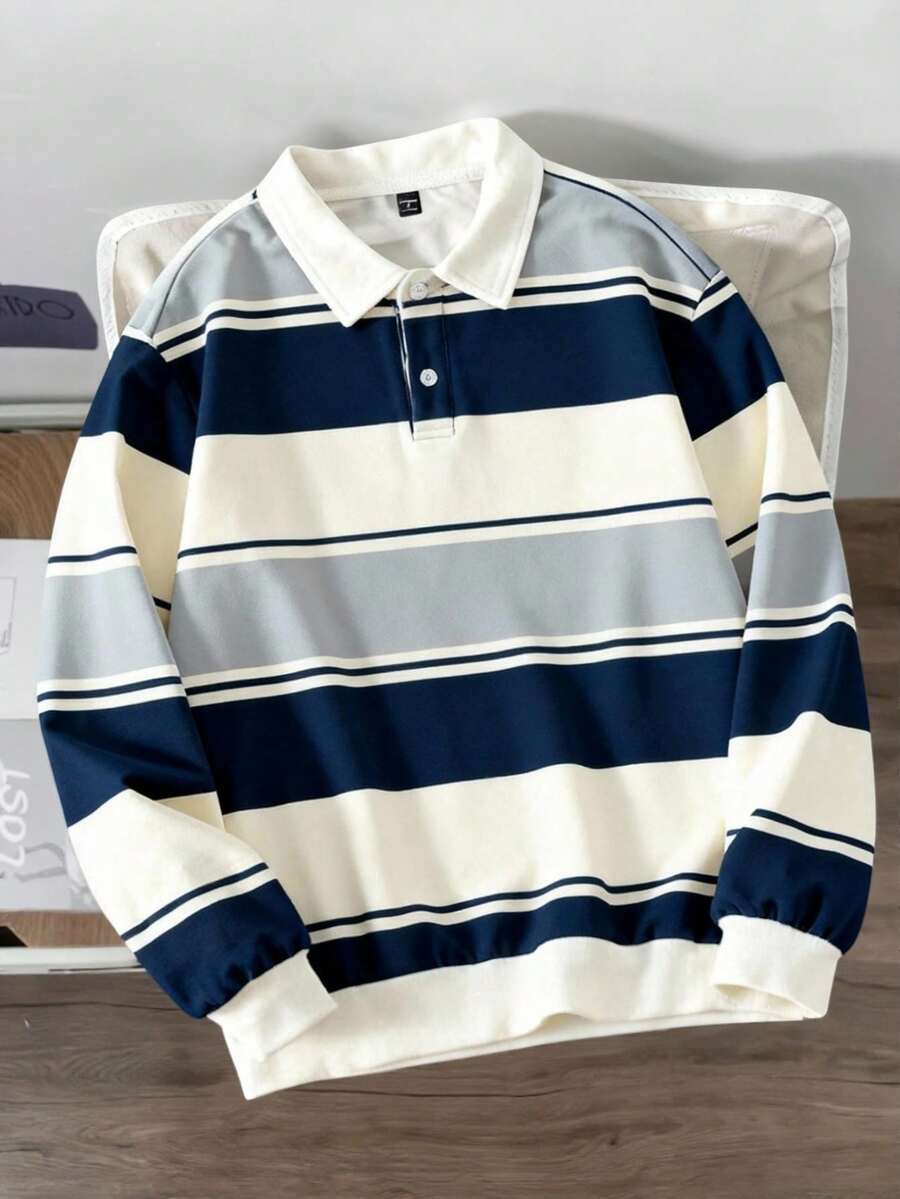 Manfinity Joysei Men's Casual Blue Striped Button Collar Sweatshirt, Versatile For Daily Wear Rugby Shirt Polo Rugby Long Sleeve For Men Striped Polo Shirt Polo Shirts For Men Long Sleeve - Blue - View 1