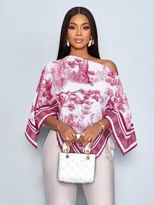 SOLERSUN 女士秋冬休闲优雅不对称领长袖不对称下摆衬衫，时尚复古日落假日印花蝙蝠袖上衣，新款上市，百搭，适合秋冬、日常通勤、外出穿着 - 酒紅色 - 查看 3