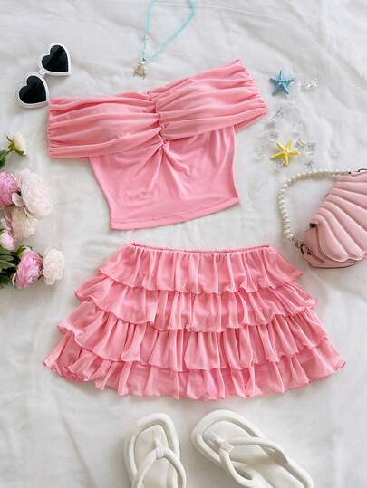 Soleia 1 set med axelband, rynkad kort topp och lager-på-lager-minikjol, bohemisk, bohemisk, semester, höstkläder för kvinnor, vintage, högtid