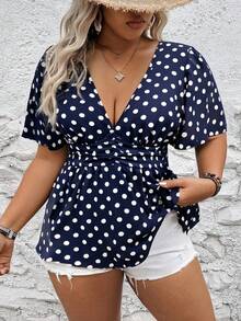 EMERY ROSE 女士随机印花深V加大码荷叶边上衣 女士波点上衣 可爱波点上衣 藏蓝色波点上衣 度假上衣 短袖上衣 藏蓝色上衣 可爱上衣 女士度假 - 藏蓝色 - 查看 4