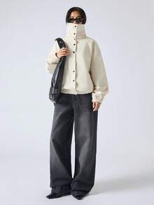 LYSMO 女士纯色长袖单排扣休闲宽松衬衫 - 白色 - 查看 1