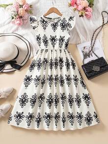 SHEIN Explorewe Đầm dài tay ngắn, thắt eo, họa tiết hoa retro dành cho bé gái tuổi teen - màu đen - Xem 4