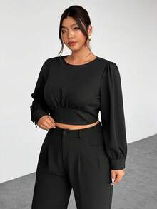 SHEIN Privé قميص أنيق بأكمام منتفخة وياقة مستديرة للنساء ذوات الحجم الكبير - الأسود - مشاهدة 2