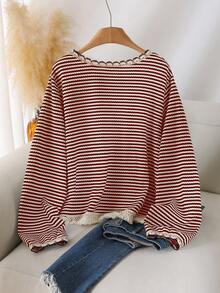 CosyJoli Plus Size Women Crew Neck Striped T-Shirt With Tassel Hem Design, Casual All-Match Versatile/Fall/Winter Striped Sweater Women Sweater Cute Sweater - Burgundy - View 2