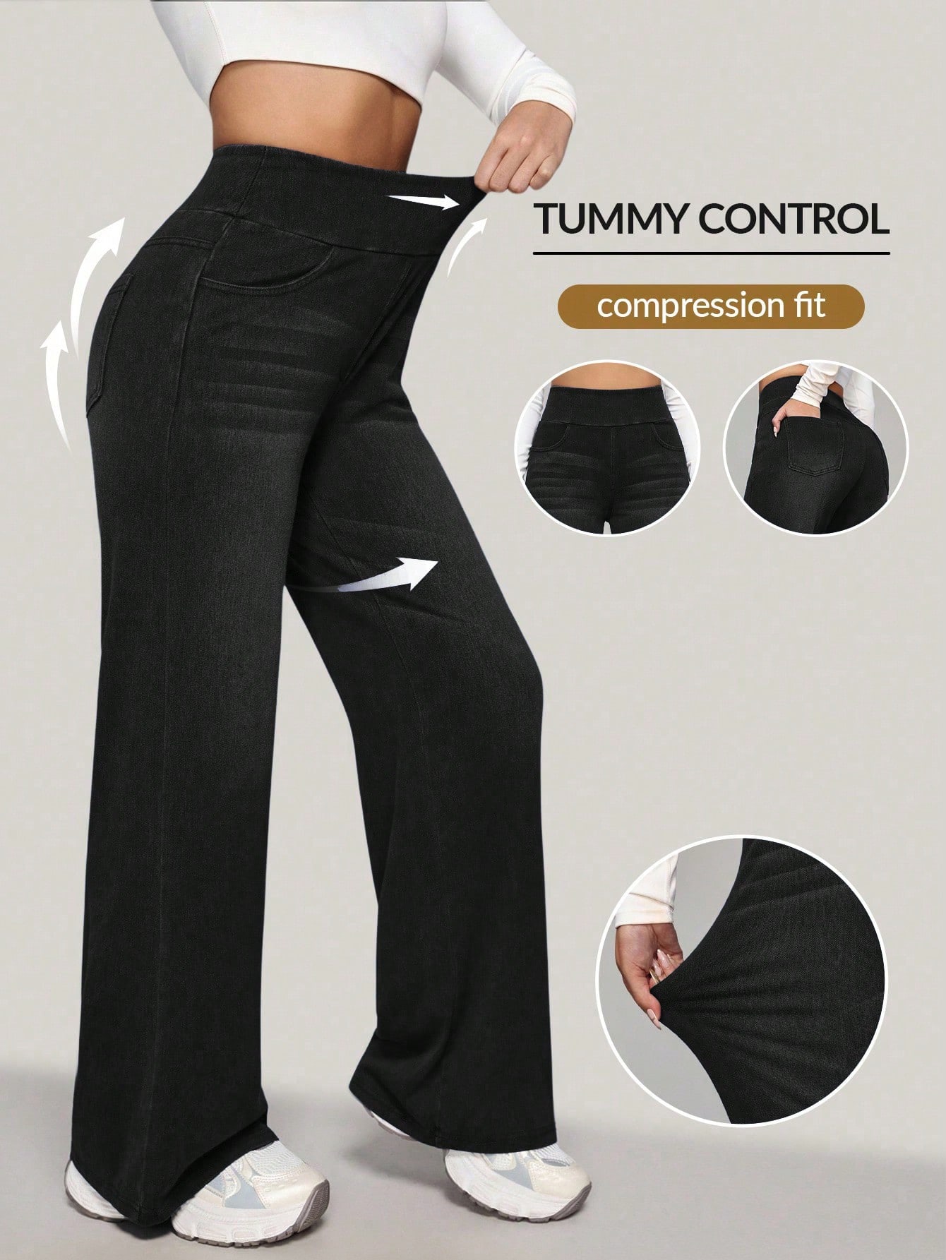 SHEIN PETITE بنطلون جينز نسائي بخصر عالي وجيوب وسا...