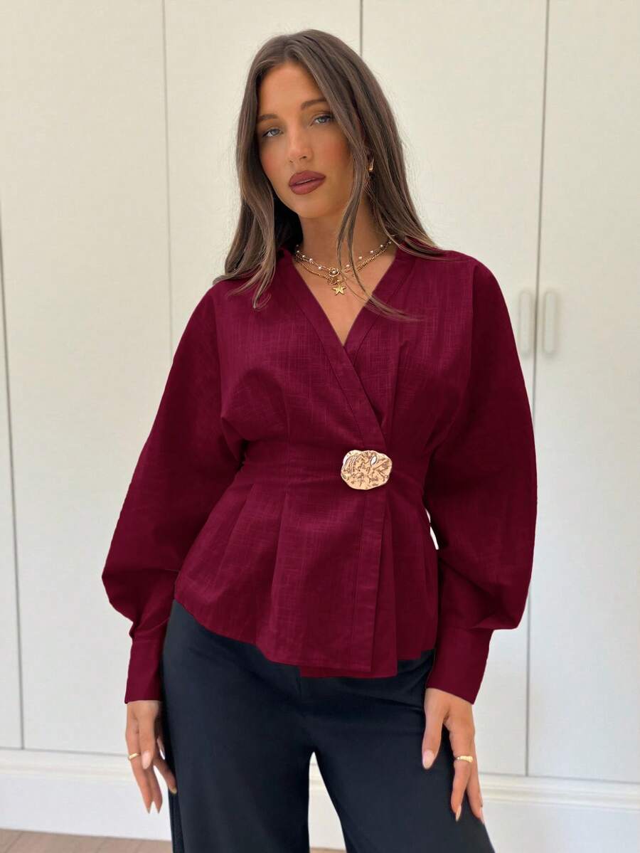 Siren Gaze Women's Metal Buckle V-Neck Long Sleeve Cinched Waist Shirt, New Autumn/Winter Design Spring Valentine's Day Elegant Red Burgundy Blouse Lantern Sleeve Blouse - Burgundy - View 1