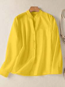 Camisa elegante informal de color liso con cuello en V y botones para mujer,Top de manga larga casual de moda - Amarillo - Ver 2