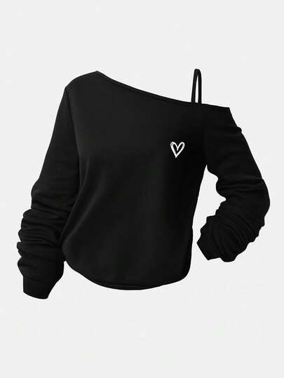 Girlism Teen Girls Casual Asymmetric Shoulder Strap Long Sleeve T-Shirt, Suitable For Summer, Casual, Sports, College