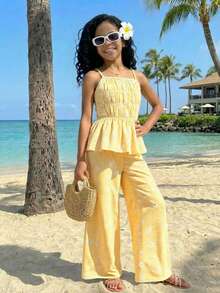 Girls Striped Bow Camisole Top And Straight Leg Pants Summer Vacation Outfit - Yellow - View 2