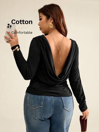 Auralis Black Deep Draped Neck Backless Fitted Long Sleeve Ruched Plus Size T-Shirt, Suitable For Concerts, Performances, Dates, Valentine's Day, Parties, Sexy, Commute, Elegant Romantic, Mermaid Style, Birthday Party/High-Cotton-Content, Long-Sleeved, Fitted Top With A Draped Neckline And A Slim Waist / Black, New New Year Style, Perfect For Valentine's Day Dates / Romantic