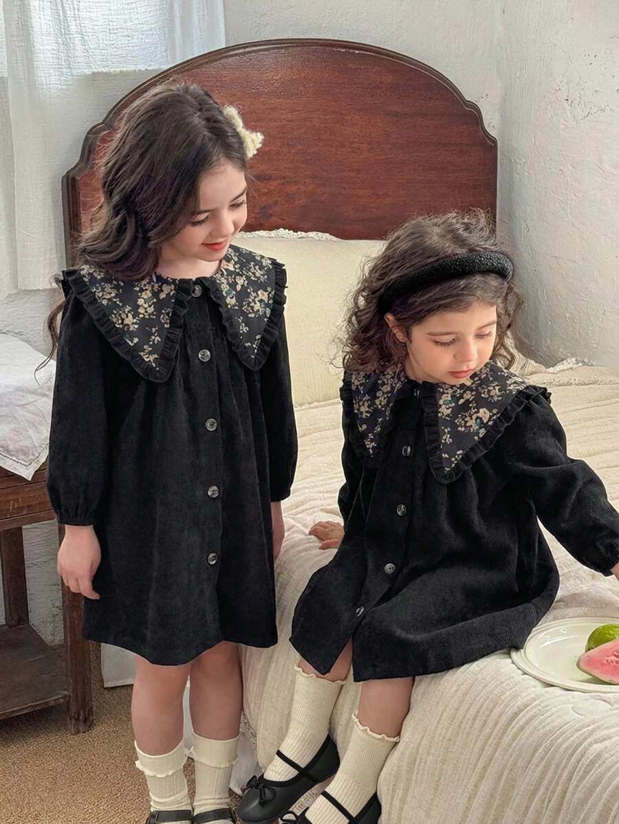 LMoss Kids 女童纯色拼接碎花娃娃领休闲连衣裙 - 黑色 - 查看 1
