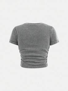 SHEIN Conjunto de camiseta de cuello redondo de manga corta ajustada y pantalones holgados de pierna ancha de punto para niña preadolescente - Gris - Ver 4
