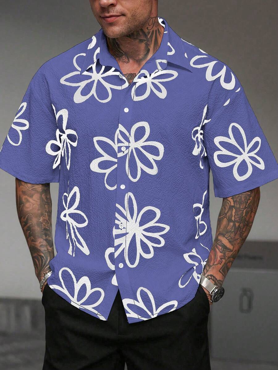 Manfinity Homme Men's Casual Button-Down Short Sleeve Printed Shirt - Blue - View 1