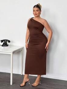 Truni Plus Size Women's Solid Color Sleeveless Ruched Fitted Elegant Dress/Autumn /Winter - Brown - View 5