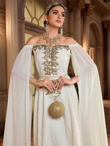 Al Najma Women's Elegant Off-Shoulder Long Arabic Style Dress - Apricot - View 1