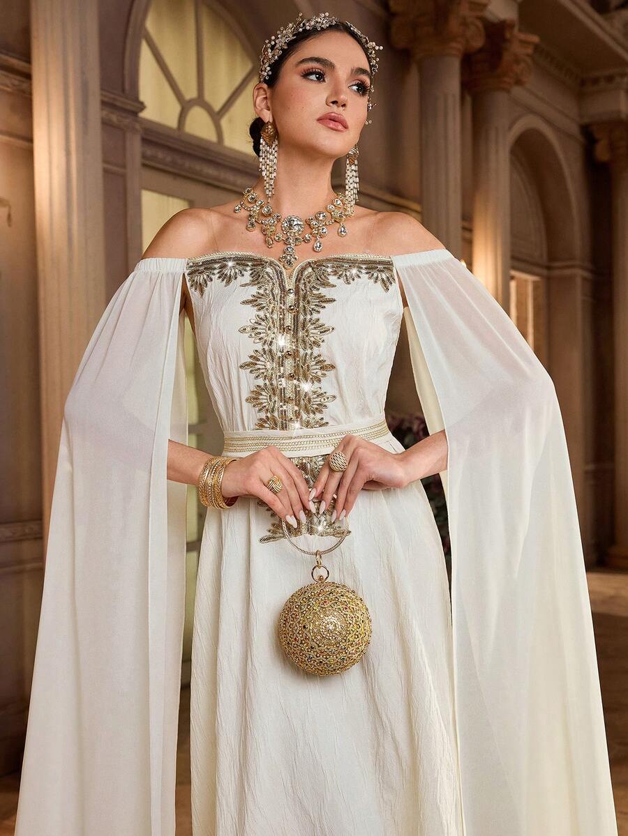 Al Najma Women's Elegant Off-Shoulder Long Arabic Style Dress - Apricot - View 1