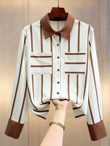 Ellegaria. Fashionable Multicolor Striped Woven Blouse For Women With Long Shirt Sleeves And Regular Fit Collar - Multicolor - View 4