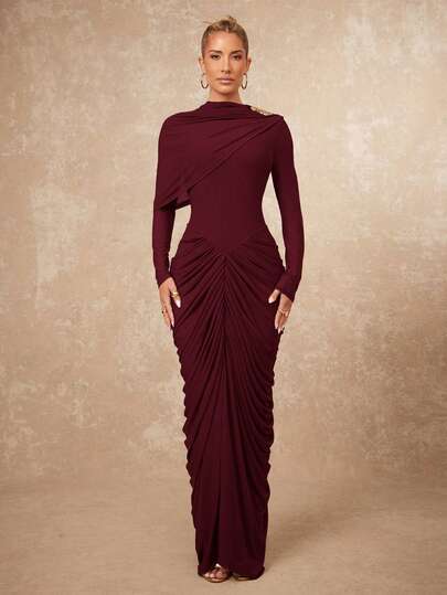 Lumalex Asymmetrical Metal Decor Mesh Soft Flowy Ruched Waist Bodycon Long Sleeve Dress For Women Elegant Draped Dress Maroon Draped Dress