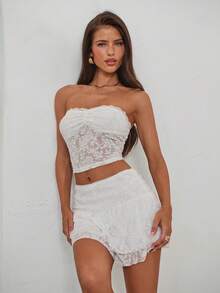 Aloruh 女士春夏度假及婚礼季，情人节针织纹理抹胸上衣，配蕾丝边和荷叶边裙摆 - 白色 - 查看 4