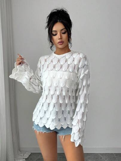 SHEIN Elenzya Women's Solid Color French Elegant 3D Feather Hollow Out Knitted Sweater, Lightweight Sheer Top For Spring & Autumn