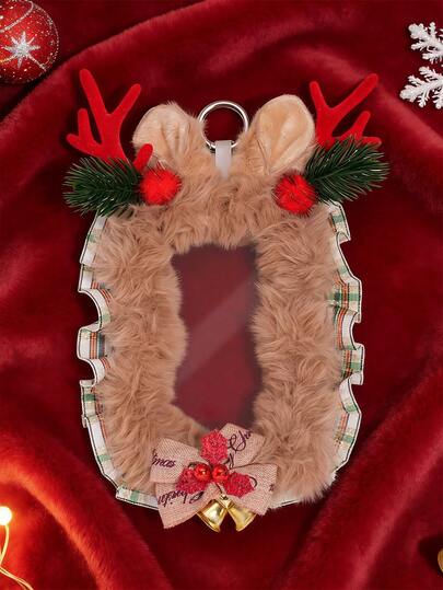 Kawaii 1pc Cute Christmas Reindeer Card Holder, Plush Bow Bag Charm, 3-Inch Decorative Card For Autumn/Winter Atmosphere