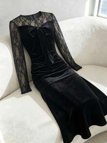 Modelyn Robe femme sexy en patchwork de dentelle noire et velours avec taille cintrée - Noir - Voir 1