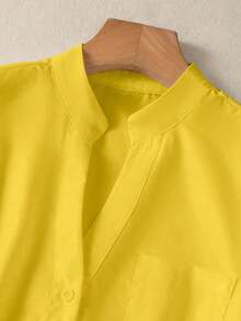 Camisa elegante informal de color liso con cuello en V y botones para mujer,Top de manga larga casual de moda - Amarillo - Ver 4