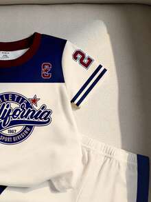 Genkimix Kids 1 Set Young Boys Casual Fashion Sports Style California 23 Letter Print Contrast Color Round Neck Short Sleeve T-Shirt And Shorts Set, Suitable For Outdoor Casual And Sports Wear, Spring/Summer