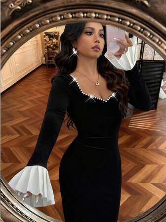 Rafferiza Women's Heart-Shaped Collar With Pearl Decoration, A Cinched Waist, Tight Elastic Fishtail Cuffs, Pleated Design At The Hem, Black And White,Fashionable And Elegant, It Is Suitable For Daily Wear, Weddings, Banquets, Daily Commutes, Graduation Parties, Festival Events, VacationFashionable And Elegant, It Is Suitable For Daily Wear, Weddings, Banquets, Daily Commutes, Graduation Parties, Festival Events, Vacation Color Contrast, Velvet Fabric Long Sleeve Elegant Dress Black And White Dress Women Long Bodycon Dress