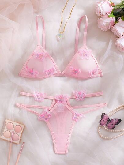 Romantiskt, rent, sensuellt 3D-tyg med fjärilsdekor i mesh med bralette och stringtrosa, sexigt set för kvinnor