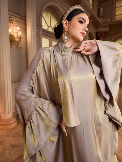 Al Najma Women's Solid Color High Neck Ruffle Patchwork Batwing Sleeve Loose Arabic Style Dress Kaftan Jalabiya Dress Abayas Dubai Luxury Batwing Dress Caftan Dress Satin Dress