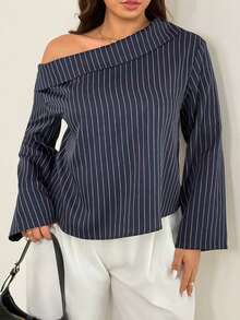 Auralis Navy Blue & White Striped Asymmetric Ruffle Detail Blouse, Plus Size Shirt For Commute, Office, Performance, Date, Sexy, Elegant Romantic, Office Lady, Mermaid Style, Birthday Party Arabian - Blue and White - View 3