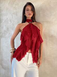 Aloruh Women's Elegant Multi-Layer Ruffle Trim Stand Collar Fitted Tank Top - Red - View 7