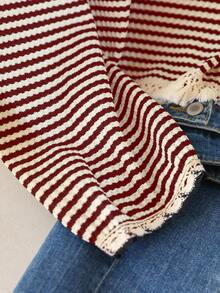 CosyJoli Plus Size Women Crew Neck Striped T-Shirt With Tassel Hem Design, Casual All-Match Versatile/Fall/Winter Striped Sweater Women Sweater Cute Sweater - Burgundy - View 3