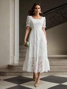 ZEYLAH Vestido elegante de mujer con cuello cuadrado, mangas cortas abullonadas y parches bordados - Blanco - Ver 6