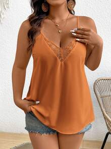 SHEIN Frenchy 大码女式纯色蕾丝拼接V领吊带背心 - 橘色 - 查看 3