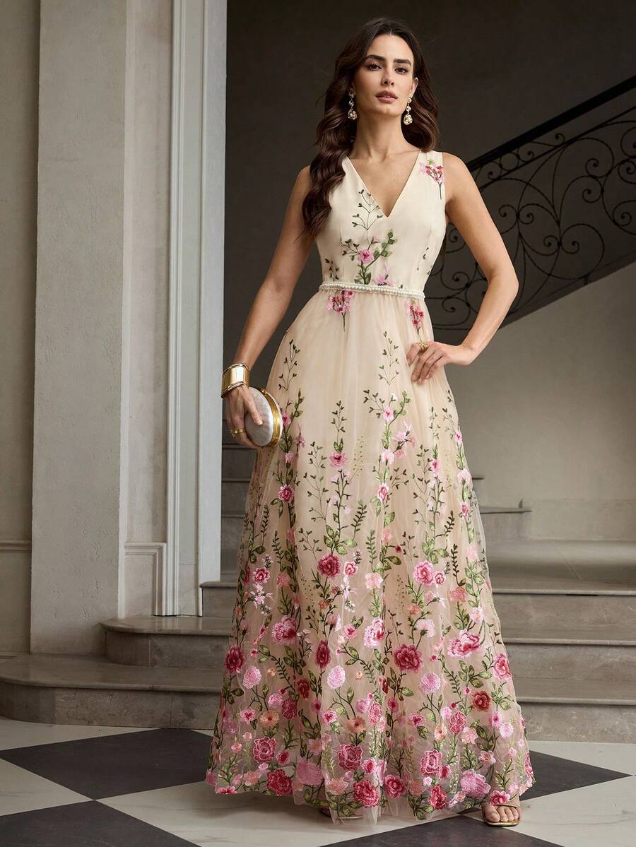 ZEYLAH Women's Fashion Rose Embroidered Dress - Apricot - View 1