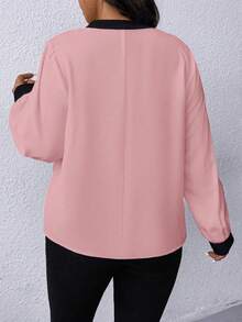 SHEIN LUNE 大码女式撞色V领长袖休闲衬衫 - 粉色 - 查看 2