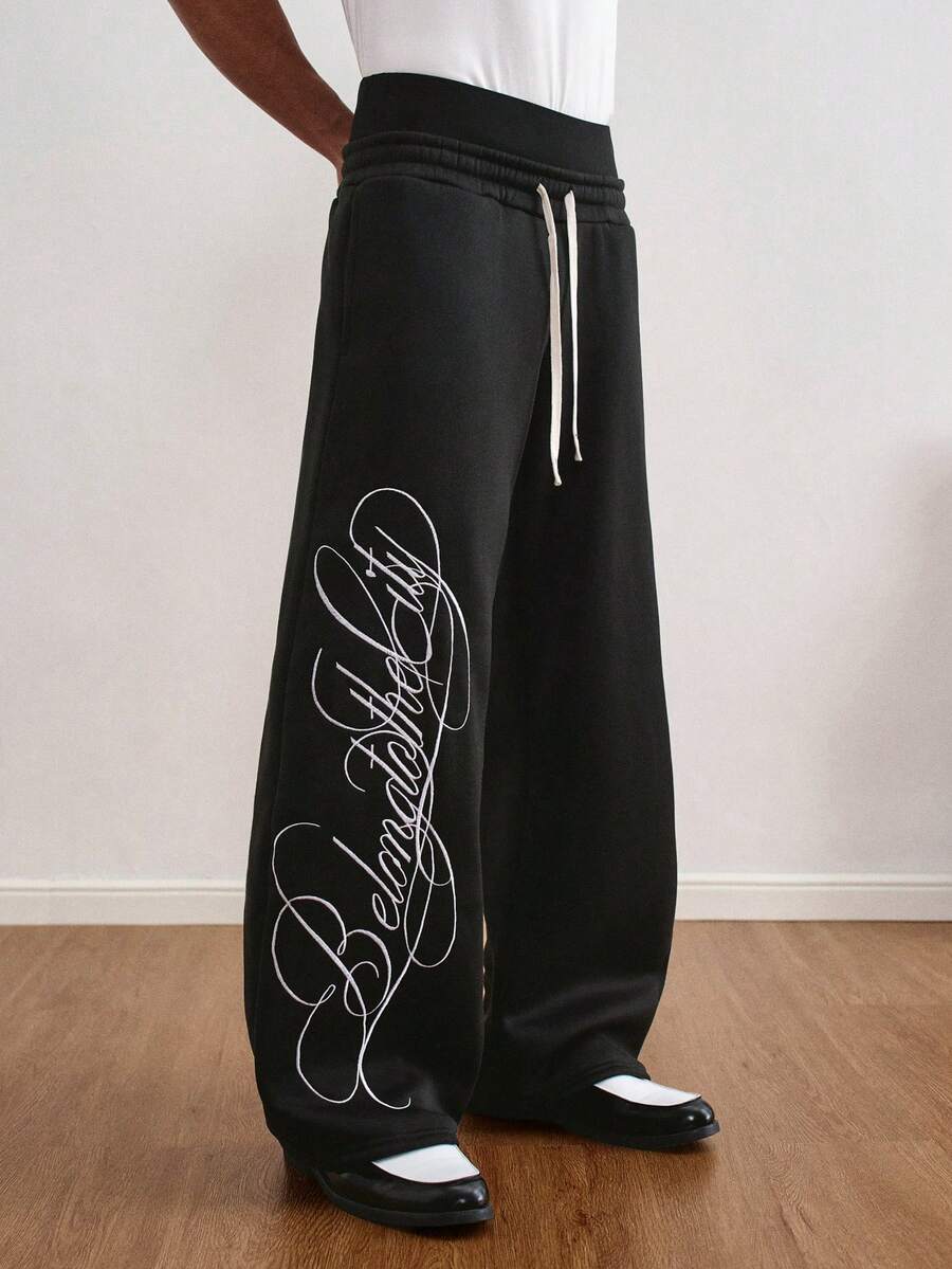 TOKVUE Quần nỉ cạp đôi màu đen họa tiết thêu tương phản phong cách đường phố phổ biến của INS "This City" dành cho nam mặc thường ngày, quà tặng bạn trai/chồng, quà kỷ niệm - màu đen - Xem 1