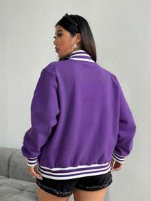 Chaqueta de béisbol casual para mujeres - abrochada, puño a rayas de color, bolsillo, adecuada para deportes al aire libre en otoño e invierno, fitness, ejercicio, ropa callejera - Morado - Ver 2