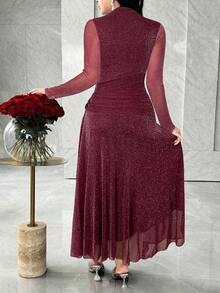 Feyla Long Sleeve Front Slit 3D Floral Elegant Elegant Versatile Party Dress - Burgundy - View 6