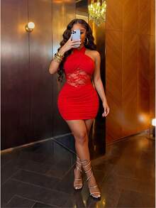 Slaydiva Đầm mini nữ dáng ôm màu đỏ phối ren, xếp ly, thắt dây chéo, kiểu dáng thanh lịch, gợi cảm, thích hợp cho các buổi tụ họp, tiệc tùng, câu lạc bộ gợi cảm, năm mới, lễ hội, Giáng sinh, hẹn hò, du lịch hàng ngày, mua sắm, trang phục sân bay, trang phục ăn trưa, trang phục dự đám cưới, tiệc sinh nhật, họp mặt thường niên, tiệc chiêu đãi. - Đỏ - Xem 10