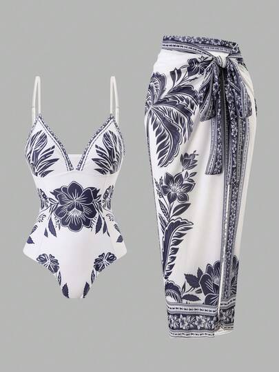 Swim Oasis 两件套肩带印花波西米亚海滩度假风系带露脐上衣和半身裙套装